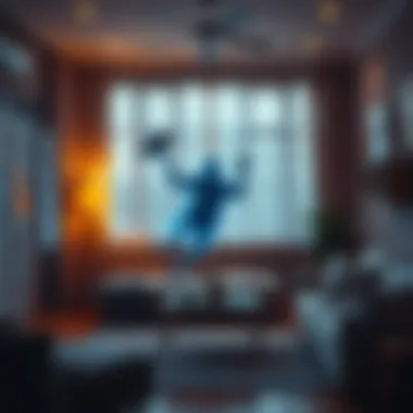 A cozy living room showing a mischievous spirit tossing a cushion at a surprised roommate.