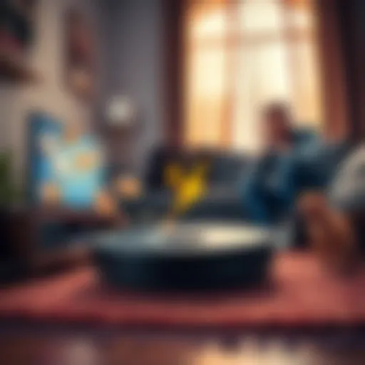 A robotic vacuum cleaner is shown bumping into a television while a dog looks distressed nearby, and a couple appears shocked by the situation.