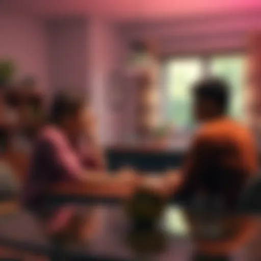 A woman sitting at a table looking frustrated while talking to another person in a sober living house, showing signs of disagreement.