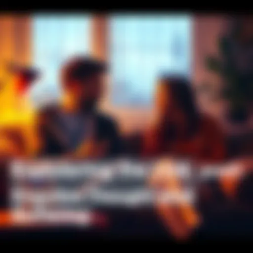 Two roommates sitting on a couch, engaged in a deep conversation about how thoughts affect their emotions, with thoughtful expressions and a cozy setting.