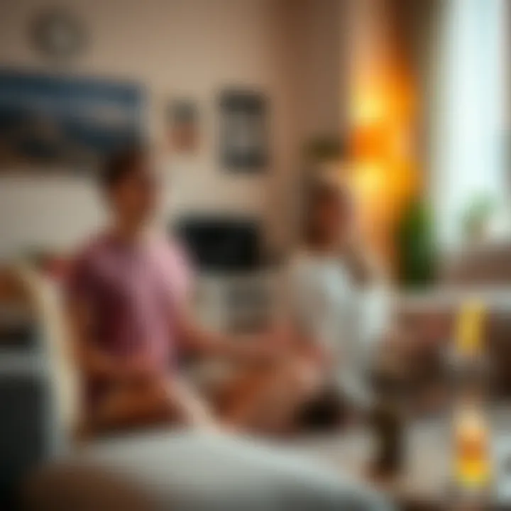 Two roommates practicing mindfulness together in a cozy living room, focusing on positive energy
