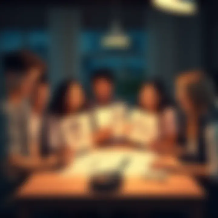 A group of roommates gathers around a table, laughing and showing their soulmate sketches. One sketch resembles a boyfriend, while another shows a funny lookalike of a bad date. The atmosphere is ligh...