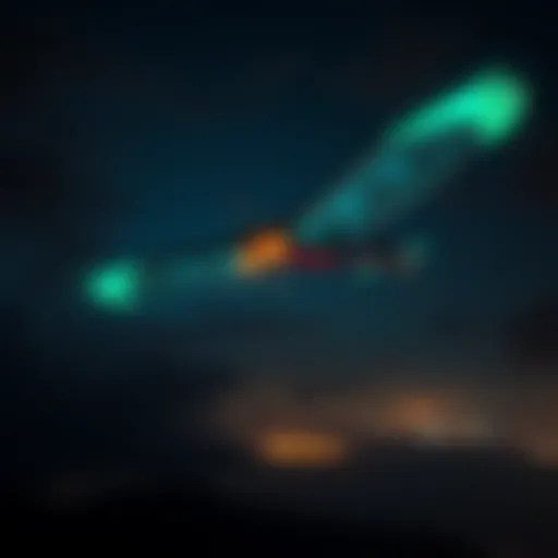 A large, bioluminescent creature with a wingspan resembling a small plane soaring over the dark skies of Umboi Island, Papua New Guinea, with glowing features illuminating the night.