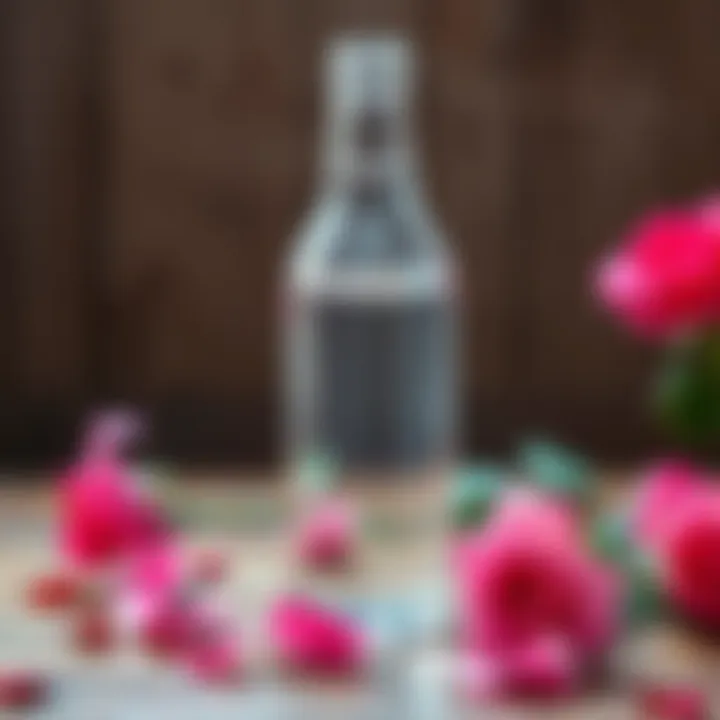 A glass bottle of homemade rose water next to fresh rose petals on a wooden surface