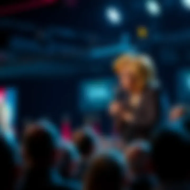 Roseanne Barr on stage making shocking claims about elites, with audience reacting in mixed emotions.