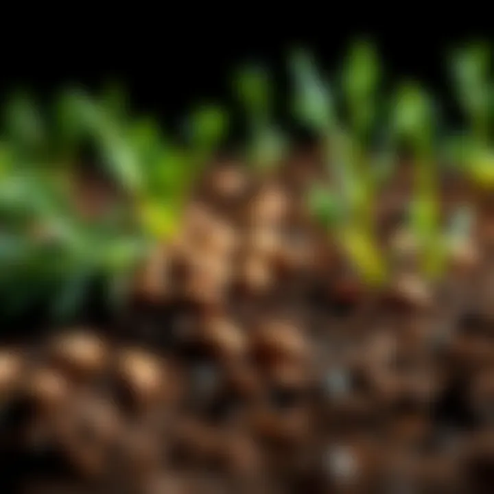 Close-up of rosemary seeds resting on soil with sprouting seedlings in the background