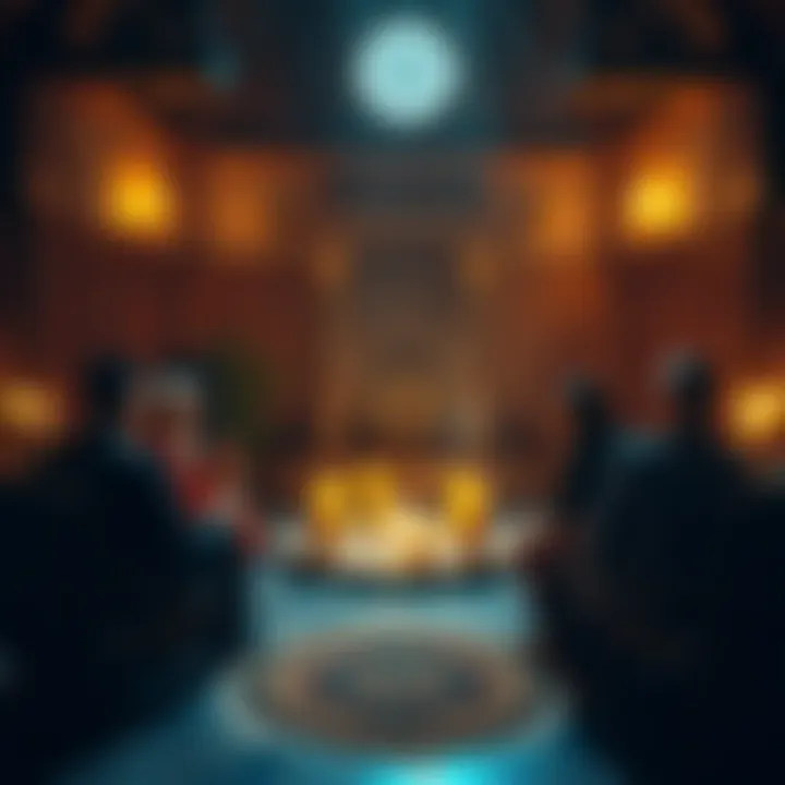 Rosicrucian Order Meeting A group of people gathered in a candlelit room, discussing esoteric philosophy while seated in a circle, symbolizing community and shared learning.