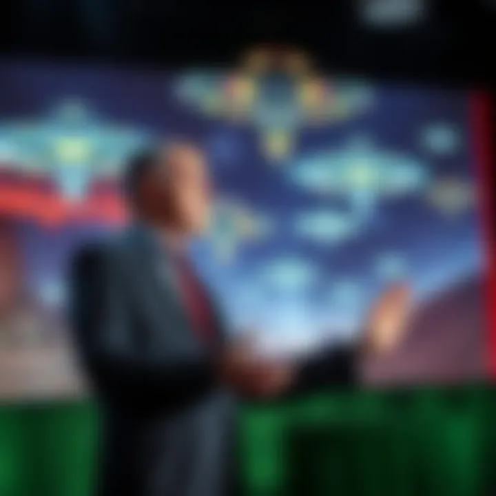 Ross Coulthart giving a presentation about a possible alien invasion in 2027, with images of UFOs in the background