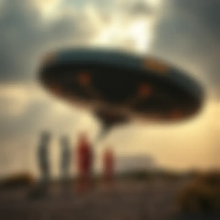 A manta ray-shaped alien spacecraft with orange-skinned beings in silver suits nearby.
