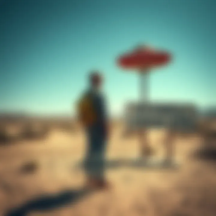 A traveler standing at the Roswell crash site with a UFO-themed sign nearby, surrounded by desert landscape and clear skies.