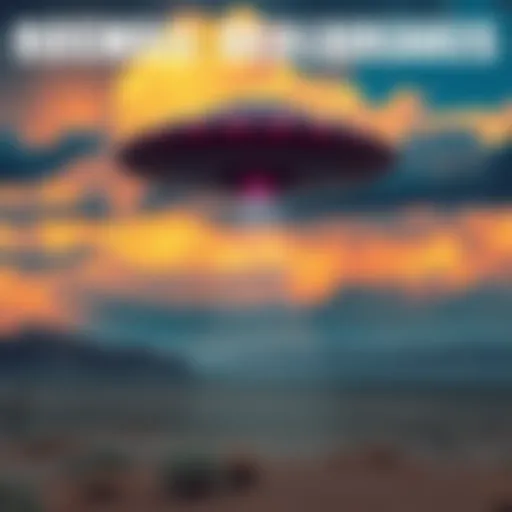 A UFO hovering above the desert landscape of Roswell, with dramatic clouds in the sky, symbolizing the controversy of the Roswell incident.