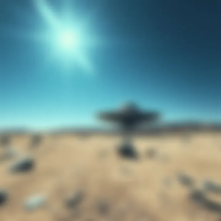 The landscape of the Roswell crash site with debris scattered on the ground under a clear blue sky