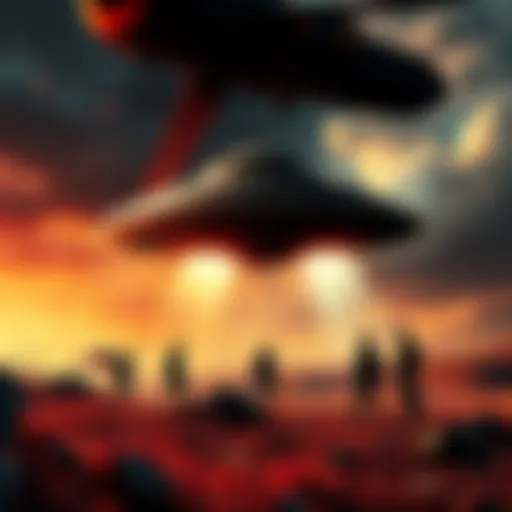 A historical depiction of the Roswell incident featuring a flying saucer and military personnel at the crash site.