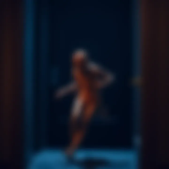 A strange figure resembling a naked person made entirely of brown rubber bands quickly moving past a door frame at night.