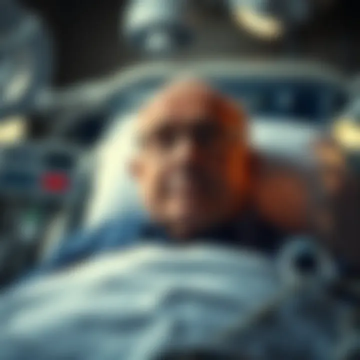 Rudy Giuliani lying in a hospital bed with medical equipment around him, looking concerned