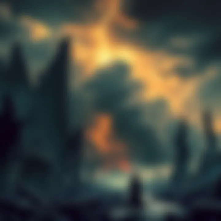 A person standing in a ruined city with dark clouds and stormy skies, listening to a mysterious voice.