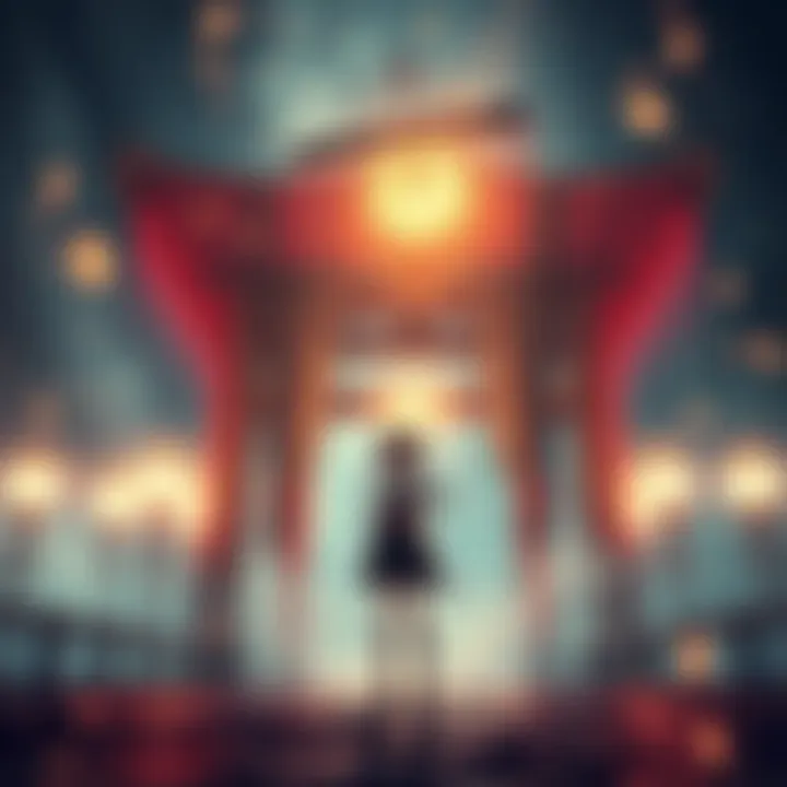 Ruka stands at a shrine, surrounded by glowing lights, capturing a moment of transformation in Steins Gate.