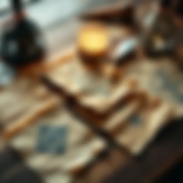 A collection of clear rune pages laid out on a table, with mystical symbols visible and a candle beside them.