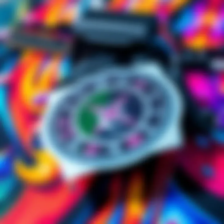 A close-up of a colorful printed rune sticker placed on a vibrant photo, showing creative expression