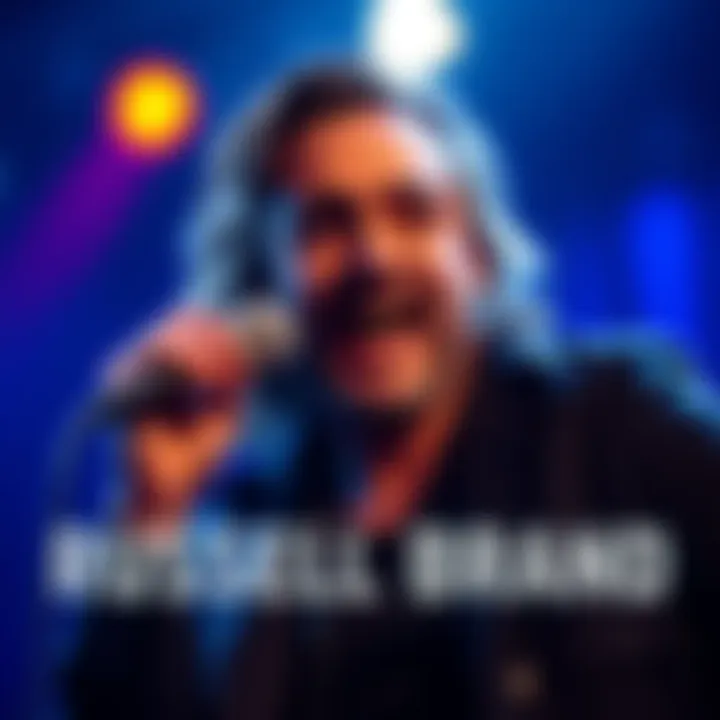 Russell Brand performing comedy on stage with a focused expression
