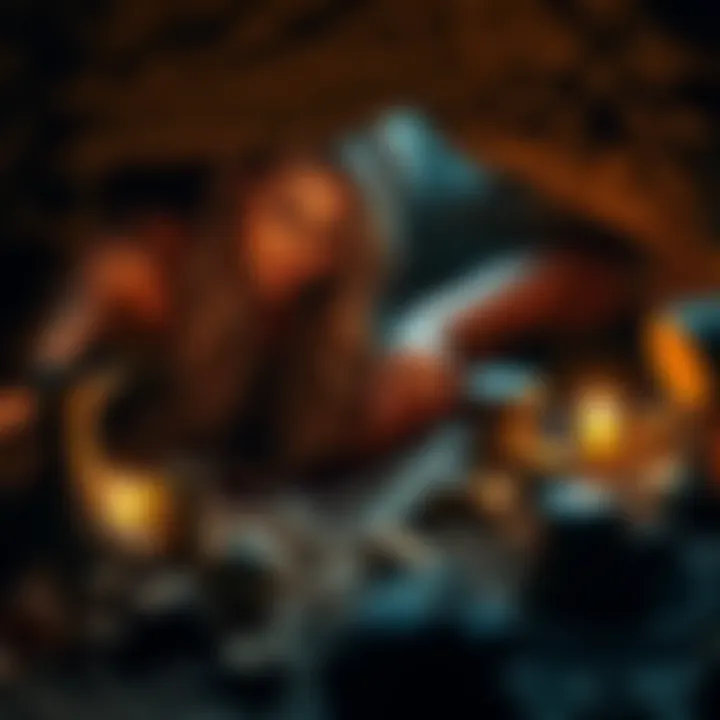 A woman exploring a cave, with ancient artifacts around her, representing the Russian cave woman's story