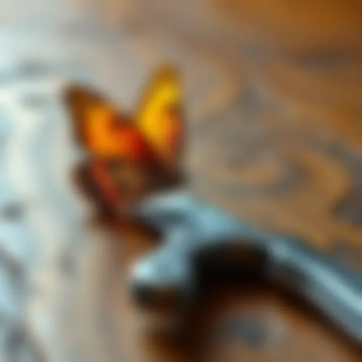 A rusty knife and a butterfly A rusty knife rests beside a colorful butterfly on a wooden table, symbolizing miscommunication and desire for connection.