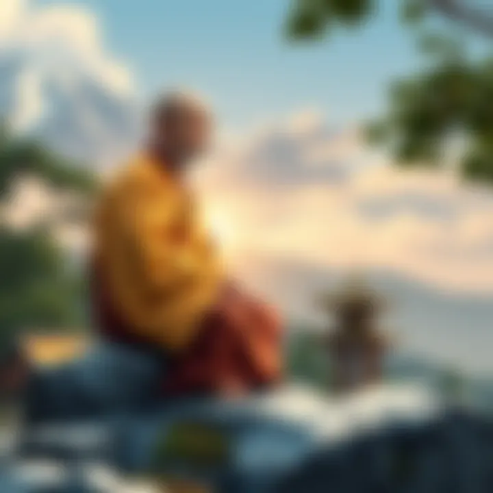 A serene Japanese monk, Ryokan, sitting on a rock with a peaceful expression, surrounded by nature, contemplating suffering and compassion for others.