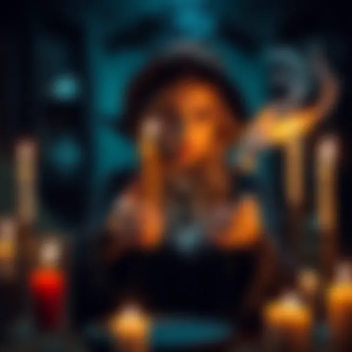 A young witch in a dark room, surrounded by candles and symbols, casting a spell with a determined look