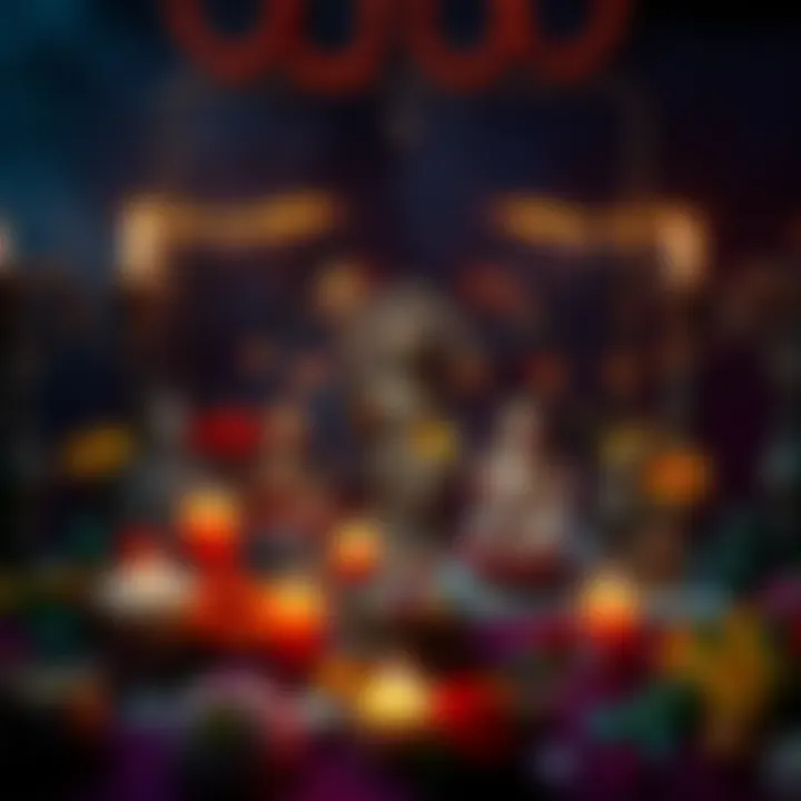 Sacred Altar with Different Deities A colorful altar featuring offerings for multiple gods, with candles, flowers, and small statues representing different deities.