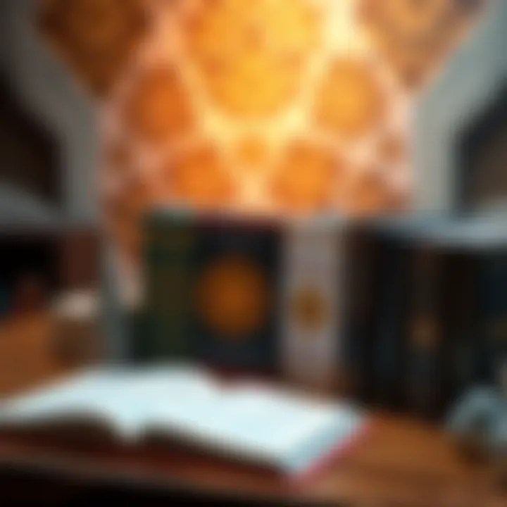 A collection of beginner books on sacred geometry displayed on a table with geometric patterns in the background