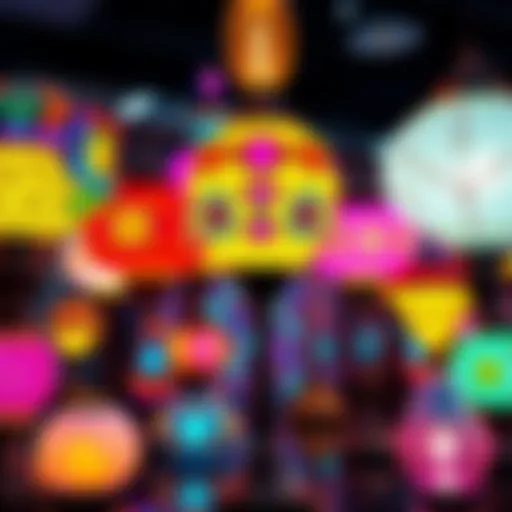 A display of vibrant lamps featuring designs inspired by sacred geometry, showcasing artistic creativity and unique shapes.
