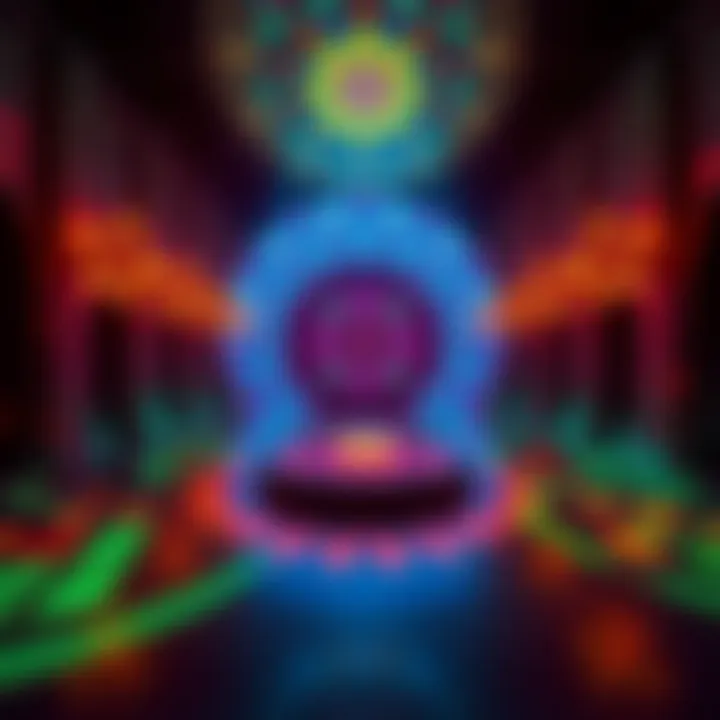 Light Art Inspired by Sacred Geometry Colorful light installation showcasing patterns of Sacred Geometry in a gallery setting