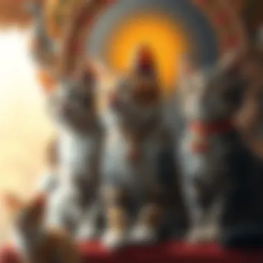 A collection of cats depicted in various cultural symbols, showcasing their spiritual significance in different societies.