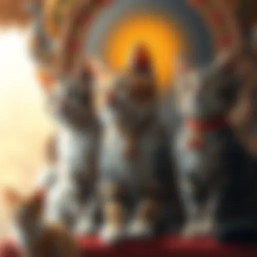 A collection of cats depicted in various cultural symbols, showcasing their spiritual significance in different societies.