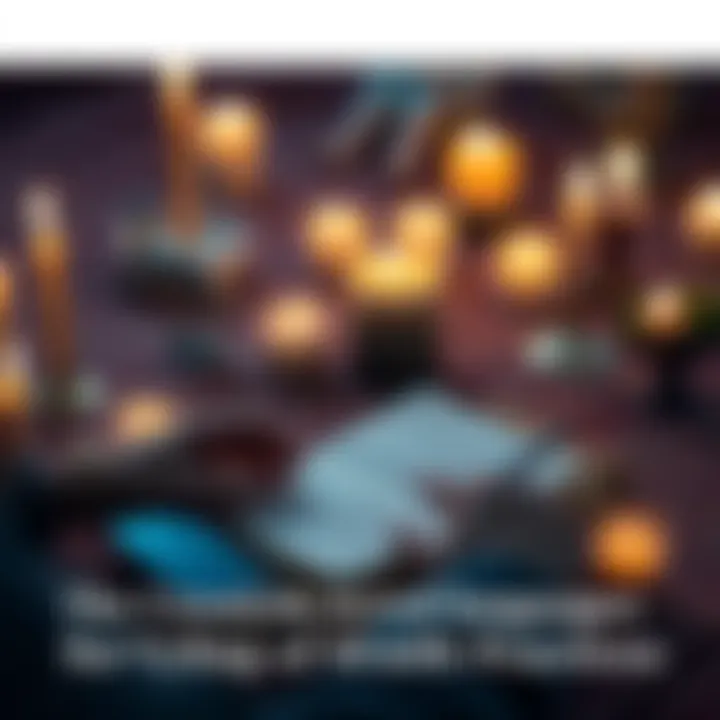 A person writing symbols in a notebook, surrounded by candles and spiritual symbols, representing the creation of a sacred language for faith practices.
