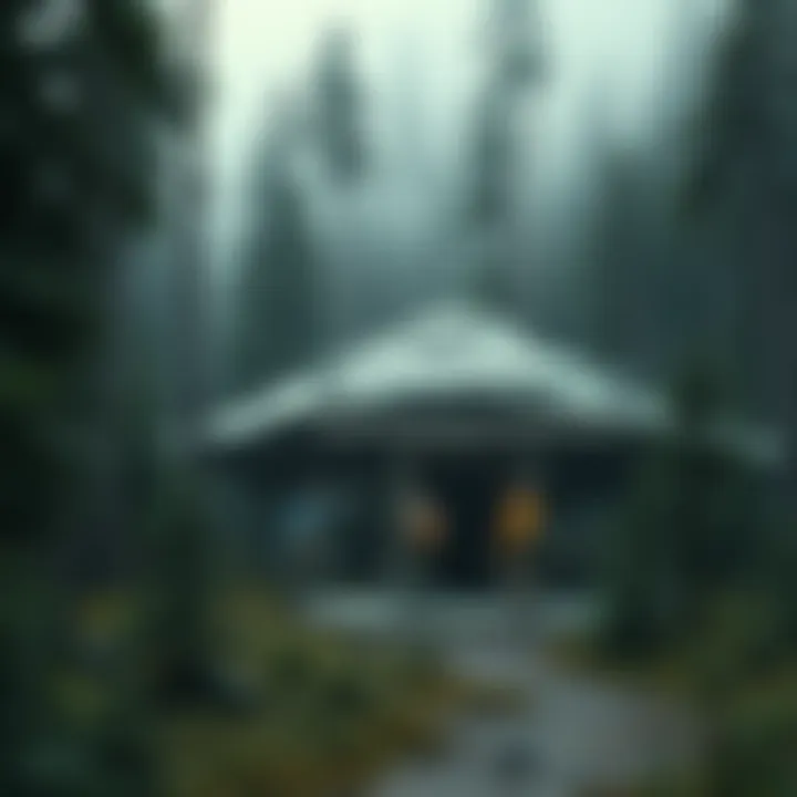 A group of explorers examining an ancient tomb surrounded by dense forest in Alaska.