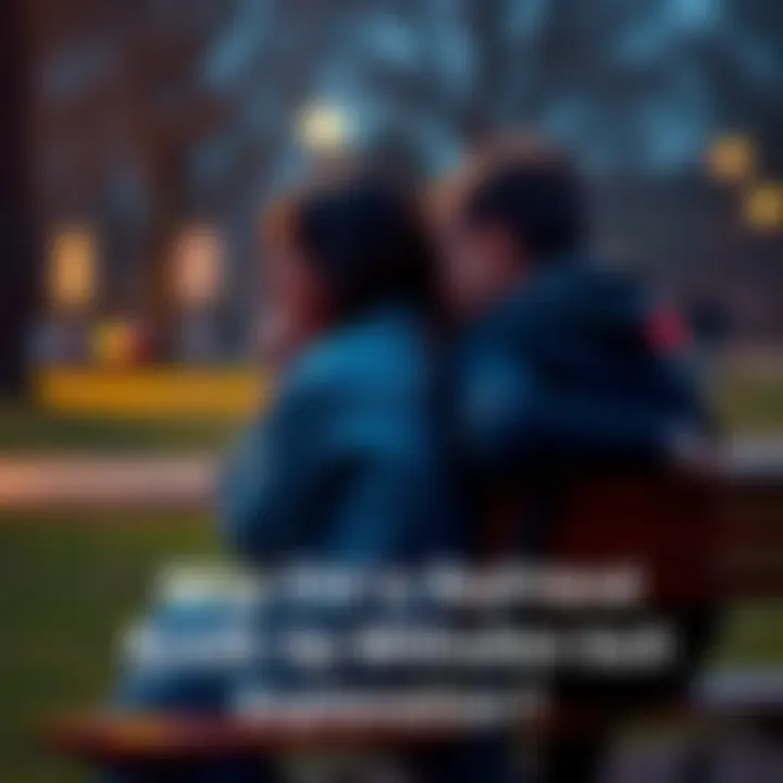 A worried woman and a distant man sitting on a park bench, looking upset after a breakup