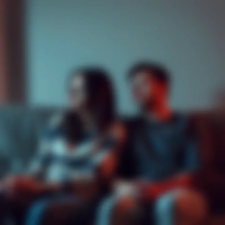 A couple sitting apart on a couch, both looking lost in thought, conveying feelings of sadness and longing