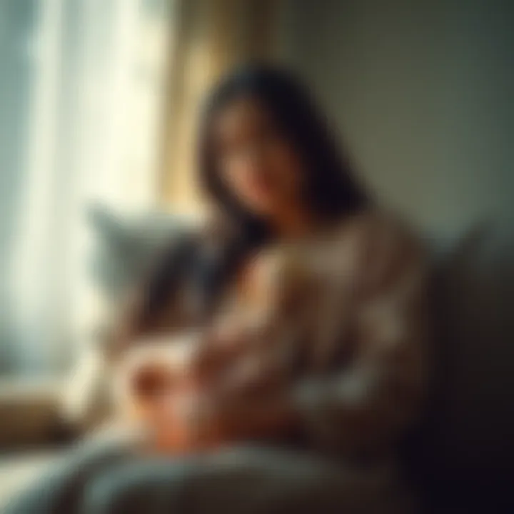 A mother with a sad expression sits on a couch holding a small doll, reflecting her longing for a daughter. Soft light filters through the window, highlighting her emotional struggle.