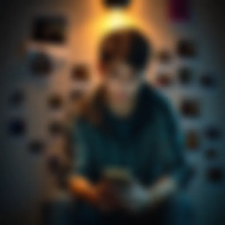 A young person sitting alone, looking at their phone with a sad expression, surrounded by reminders of past relationships