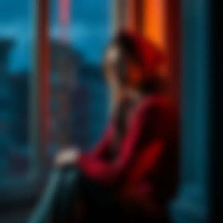 A thoughtful Sagittarius female sitting by a window, looking out with a distant expression, symbolizing loneliness and past memories.