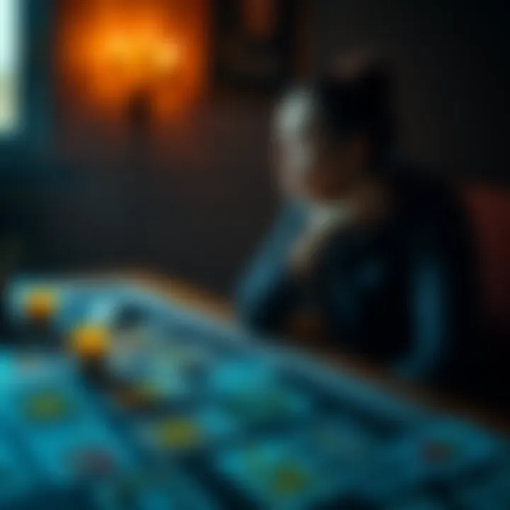 A person sitting at a table, examining sad tarot cards laid out in front of them, with a thoughtful expression