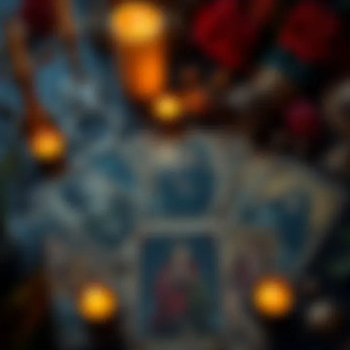 A spread of tarot cards depicting sad imagery, surrounded by lit candles and mystical elements, suggesting introspection and emotional reflection.