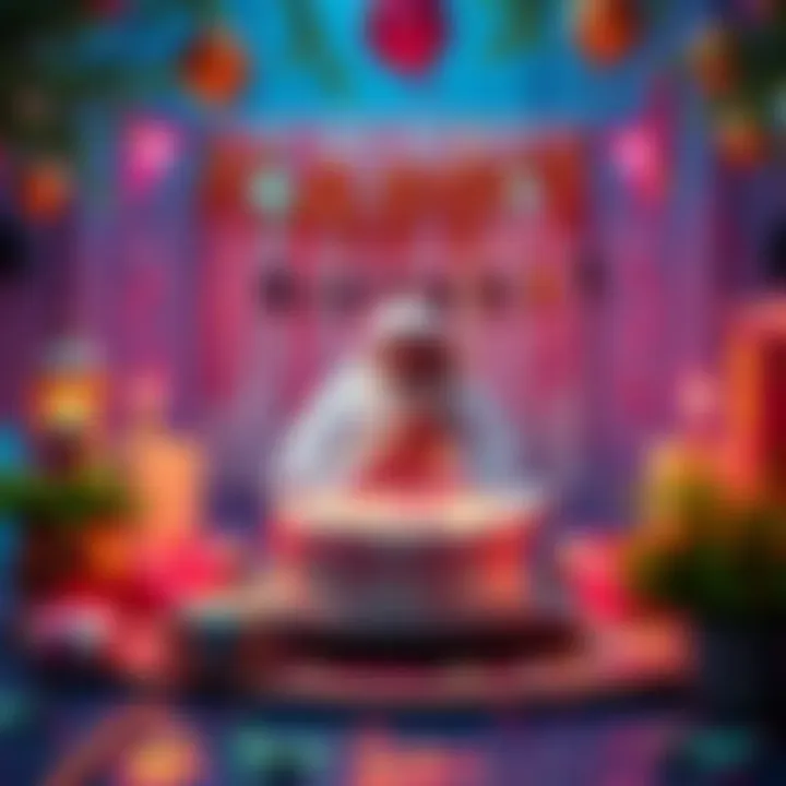 A joyful birthday celebration scene with decorations, gifts, and a cake for Sadhguru, along with symbols for River Revitalisation Day, such as water and greenery.