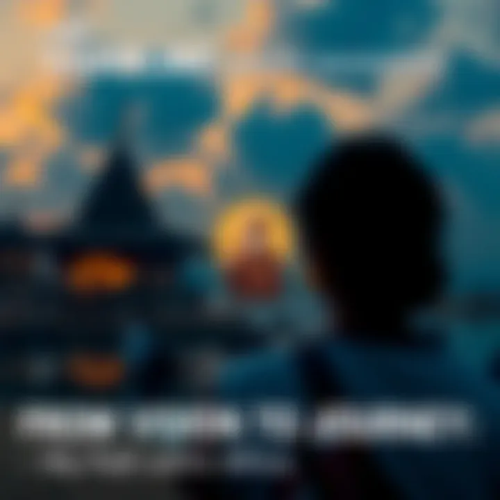 A serene scene showing a person reflecting at an ashram, with images of Sadhguru and Devi in the background, symbolizing spiritual growth and service in Africa.