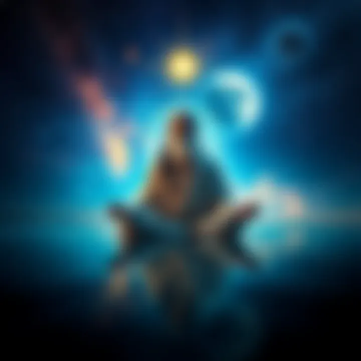 Sadhguru sitting in meditation pose, surrounded by a starry sky and cosmic elements, symbolizing acceptance and enlightenment