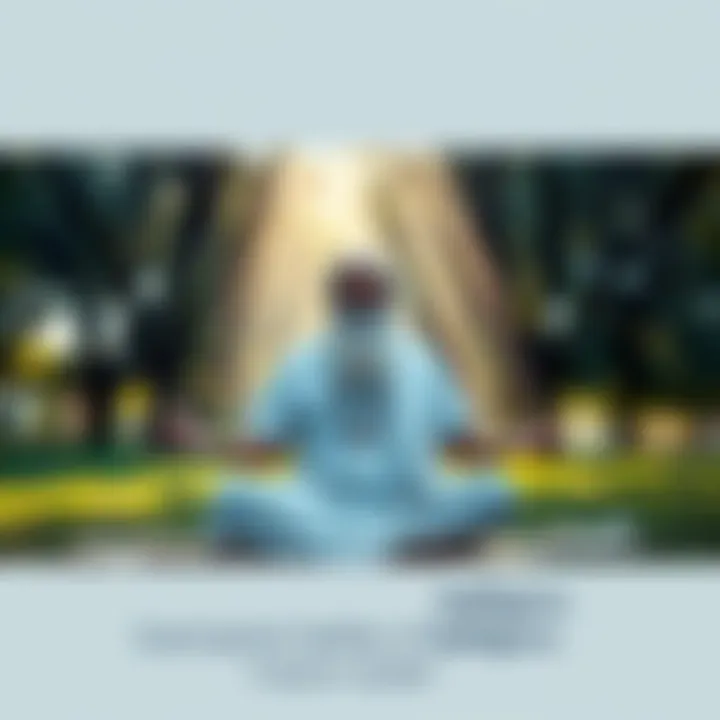 A man meditating in a serene outdoor setting, embodying inner peace and tranquility. Light filters through trees around him, creating a calming atmosphere.