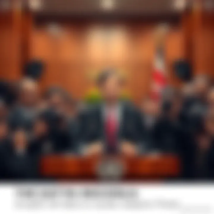 A formal press conference with Safa announcing resignation, surrounded by journalists and cameras, reflecting global tension over nuclear discussions.