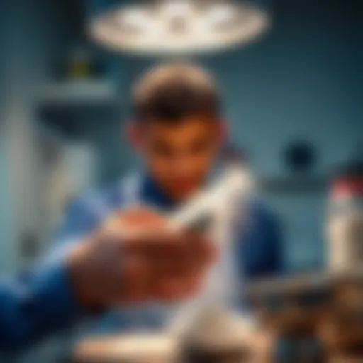 A person carefully measuring fine powder with a scoop in a kitchen setting, emphasizing safety and precision