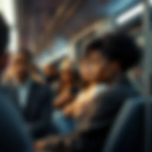 Safety Concerns for Black Women on Trains A worried black woman sitting on a train, looking out the window while people around her engage in conversation. Some individuals display symbols associated with extremist groups.